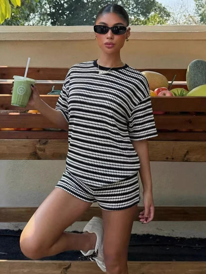 2026 Casual Striped 2 Piece Sets Women Outfit Color Block T Shirts High Waist Short Sets Streetwear Summer Shorts Matching Set