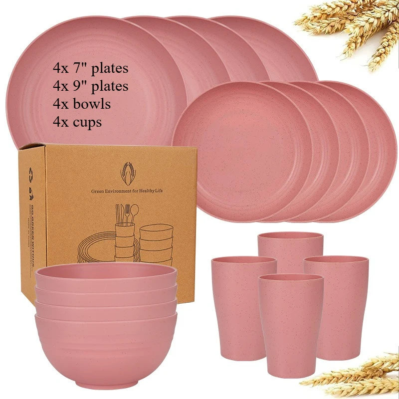 Natural Wheat Straw Tableware Set Dinnerware Sets Biodegradable Unbreakable Plates, Bowls, Cups Lightweight for Kitchen Camping