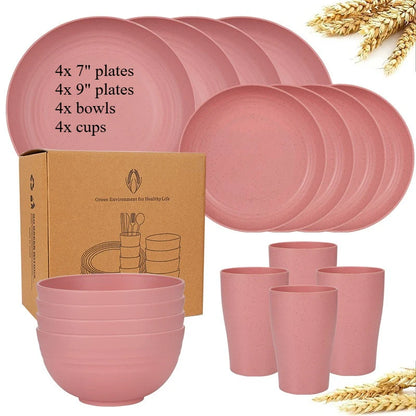 Natural Wheat Straw Tableware Set Dinnerware Sets Biodegradable Unbreakable Plates, Bowls, Cups Lightweight for Kitchen Camping