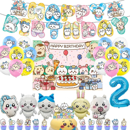 Chiikawa kawaii Happy Birthday Party Decorations Cute plate Banner Cake Topper Flag Balloons Disposable tableware Decorations