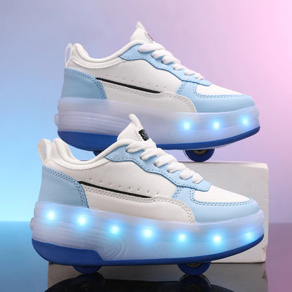 LED rechargeable flashing roller skates for boys and girls with detachable wheels, stylish skateboard shoes, durable and breathable