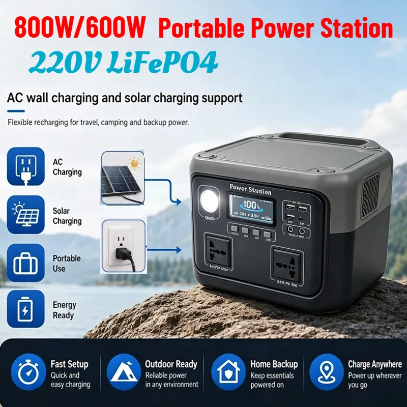 800W 46Ah Portable Power Station 600W/800W 589WH Solar Generator Backup PowerBank for Outdoor Camping, Home Emergency, RV Travel
