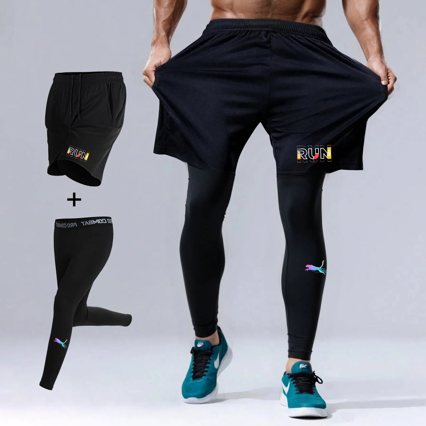 Men's Running Jogging 2 Piece Set Quick Dry Sports Shorts and Compression Tights Athletic Training Wear