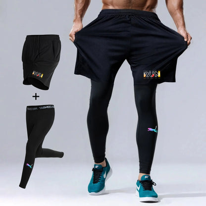 Men's Running Jogging 2 Piece Set Quick Dry Sports Shorts and Compression Tights Athletic Training Wear