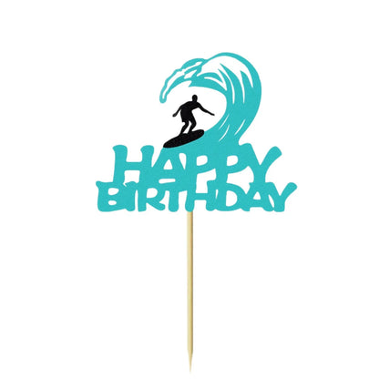 Cake Topper Happy Birthday Surf Riding Kids Man Surfing Sports Them Cupcake Topper Dessert Decoration Party Baking Supplies