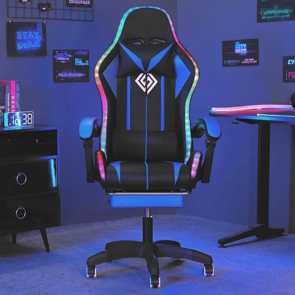 Fashion High Back Video Game Chair with Speakers Massage Computer Gaming Chair with LED Lights and Footrest