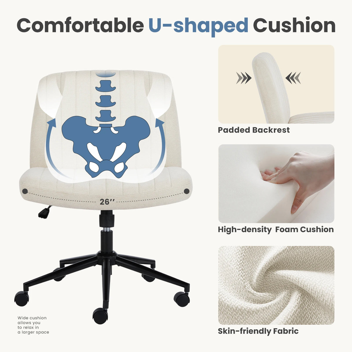 MCQ Armless With Wheel Ergonomic Gaming Office Chair with Adjustable Height 360° Swivel Gaming Racing Chair For Home Office