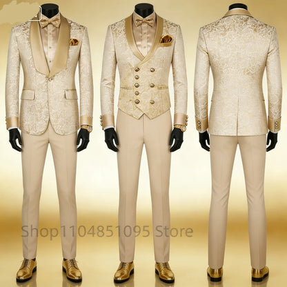 Champagne Jacquard 3-Piece Men's Formal Smoking Suit with Shaw Lapel Blazer Set for Groom Wedding Best Man Tuxedos for Party