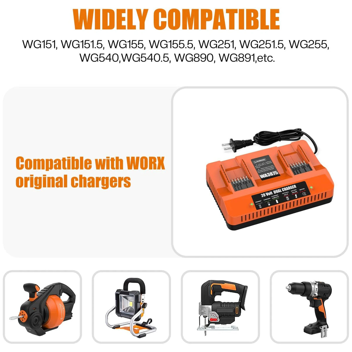 Powilling 2Port WA3875 Fast Charger for Worx 20v Battery WA3525, WA3520, WA3575, WA357