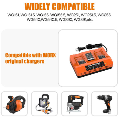 Powilling 2Port WA3875 Fast Charger for Worx 20v Battery WA3525, WA3520, WA3575, WA357