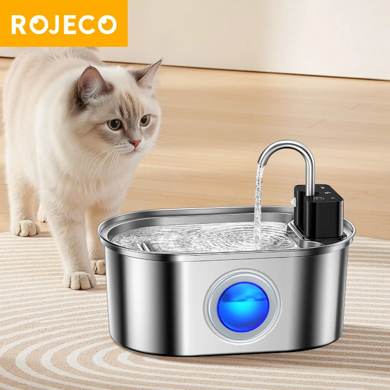 ROJECO 3.2L Stainless Steel Cat Water Fountain Wireless Sensor Smart Automatic Dog Water Dispenser Drinking Fountain 4000mAh