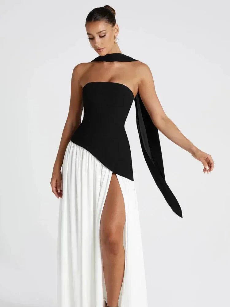 Solid Spliced Ribbon Maxi Dress Women Elegant Strapless Sleeveless Slit Long Dresses 2025 New Summer Holiday Party Lady Vestidos