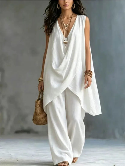 Women's Fashion Cotton Linen Irregular Sleeveless Long Tops 2-piece Set Spring Summer New Casual Wide-leg Trousers Female Suit