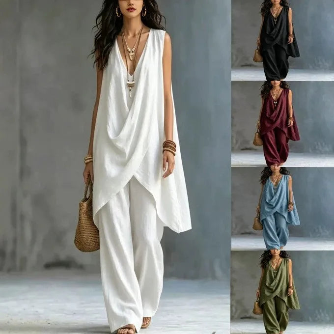 Women Holiday Blouse Pant Suits Summer Sexy V Neck Sleeveless Loose Asymmetrical Blouse Tops&Wide Leg Full Trouser Sets