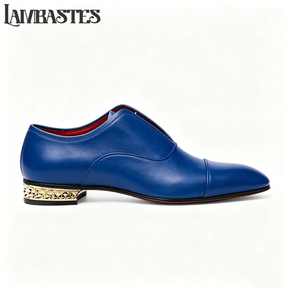 Gold Geometric Heel Patent Leather Mens Loafers Polished Glossy Upper Red Lining Formal Dress Shoes Embossed Gold Heel Loafers