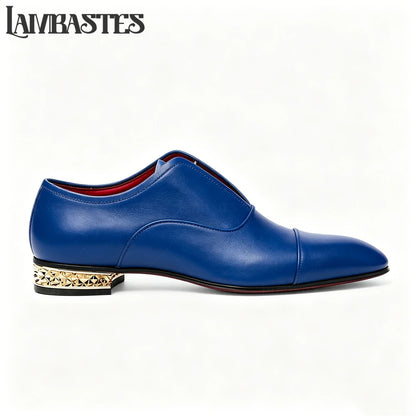 Gold Geometric Heel Patent Leather Mens Loafers Polished Glossy Upper Red Lining Formal Dress Shoes Embossed Gold Heel Loafers