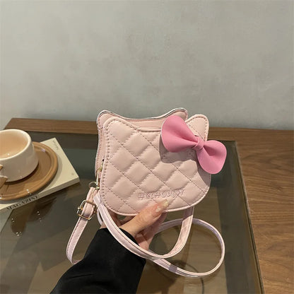 Lovely Cat Pattern Women Handbag Fashion Rhombus Grid Shoulder Bag Sweet Bowknot Crossbody Bag