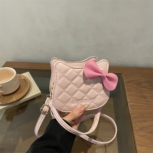 Lovely Cat Pattern Women Handbag Fashion Rhombus Grid Shoulder Bag Sweet Bowknot Crossbody Bag