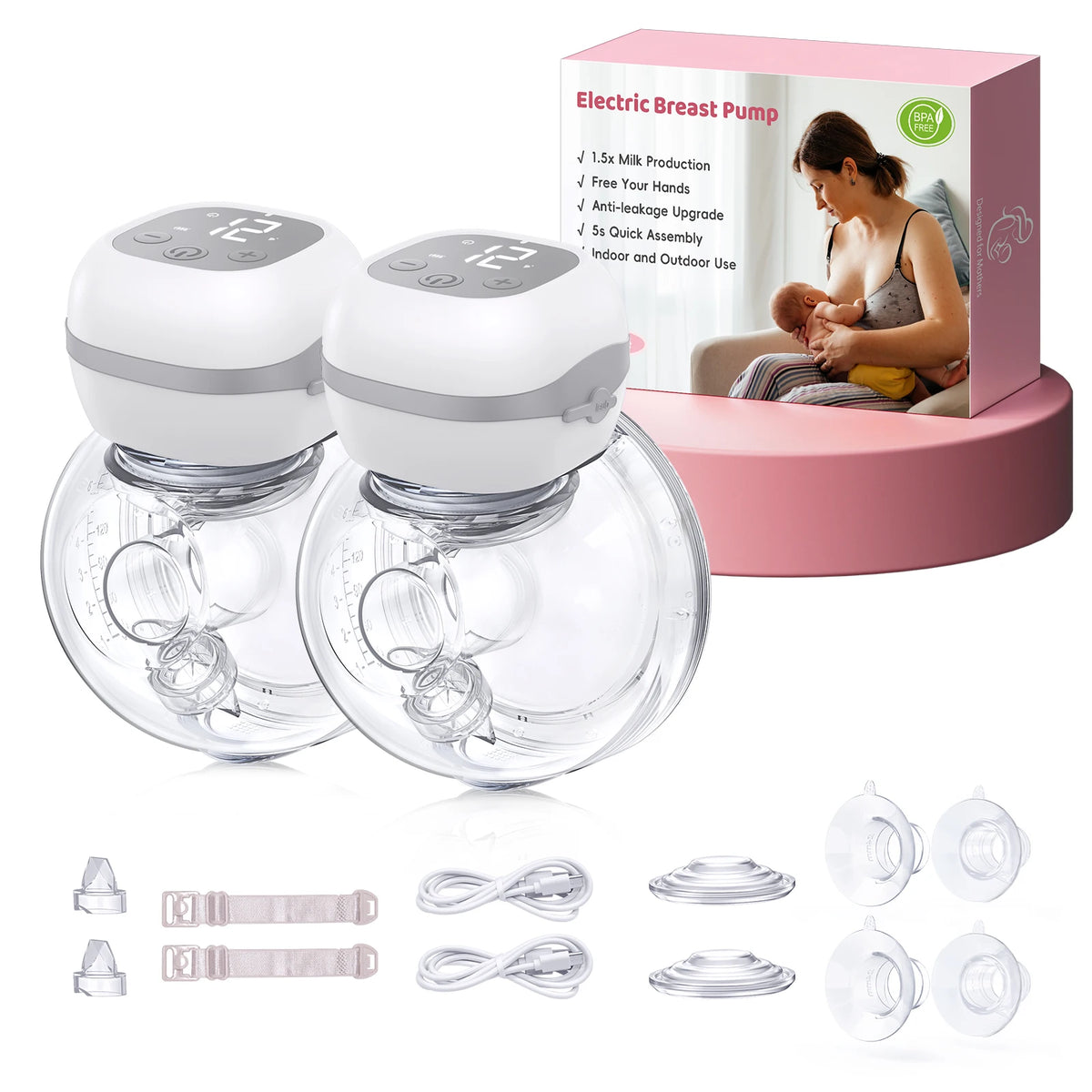 Jheppbay Electric Breast Pump BPA-Free 3 Modes & 12 Levels Hands Free Breastpump with 21/24/27 mm Flange for Breastfeeding