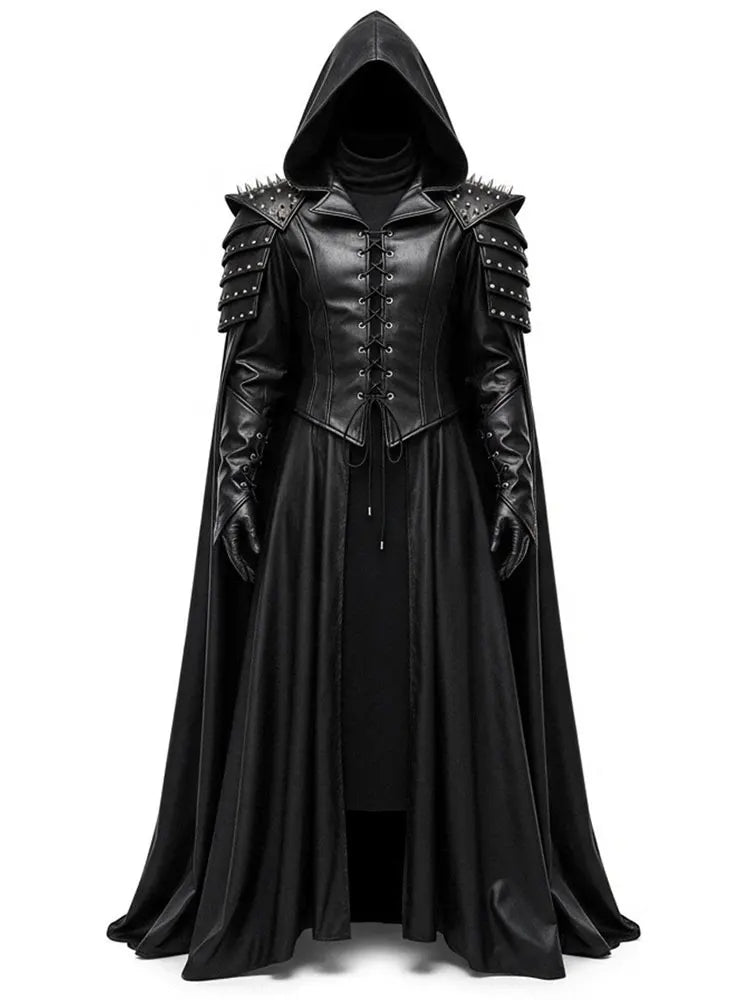 Mauroicardi Spring Autumn Extra Long Studded Black Pu Leather Poncho Overcoat Men with Hood Medieval Lace Up Luxury Cloak