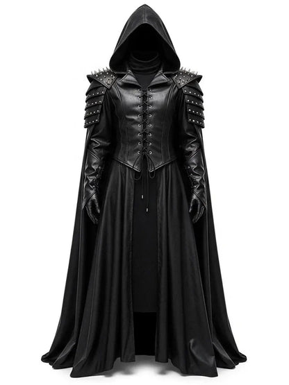 Mauroicardi Spring Autumn Extra Long Studded Black Pu Leather Poncho Overcoat Men with Hood Medieval Lace Up Luxury Cloak