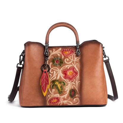 Vegetable-tanned genuine leather women's handbag, hand-embossed and colored crossbody bag, high-end single-shoulder bag