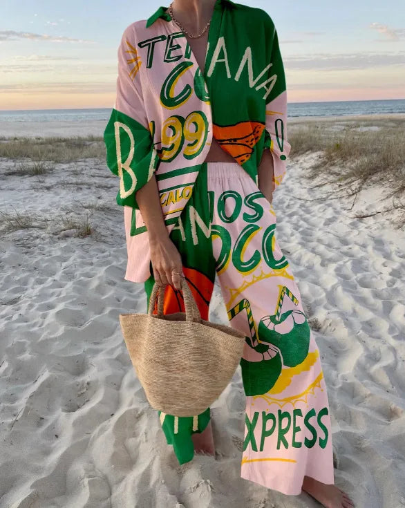 Fashion Print Beach Holiday 2-Piece Set Women Spring Summer Long Sleeve Shirt Top + Wide Legs Women's Oversized Two-Piece Outfit