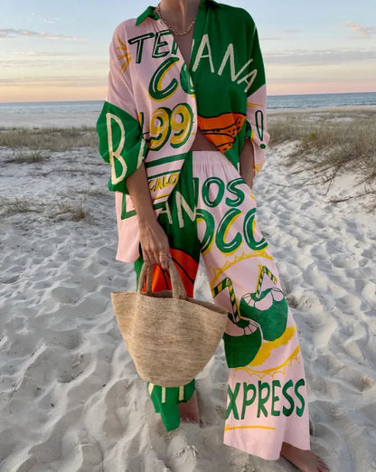 Fashion Print Beach Holiday 2-Piece Set Women Spring Summer Long Sleeve Shirt Top + Wide Legs Women's Oversized Two-Piece Outfit