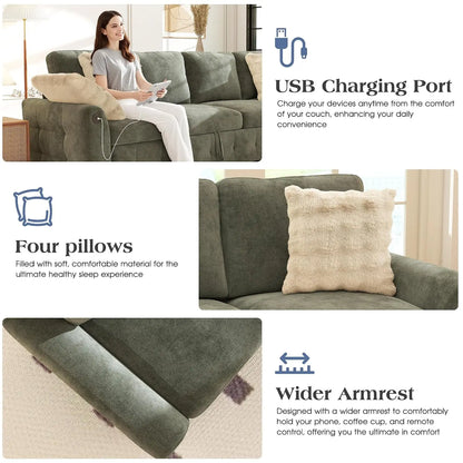 L-Shaped Sectional Sofa Bed with Storage, 5-Seater Convertible Pull Out Sleeper Sofa with USB Charging Ports, 4, Customized
