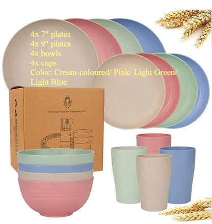 Natural Wheat Straw Tableware Set Dinnerware Sets Biodegradable Unbreakable Plates, Bowls, Cups Lightweight for Kitchen Camping