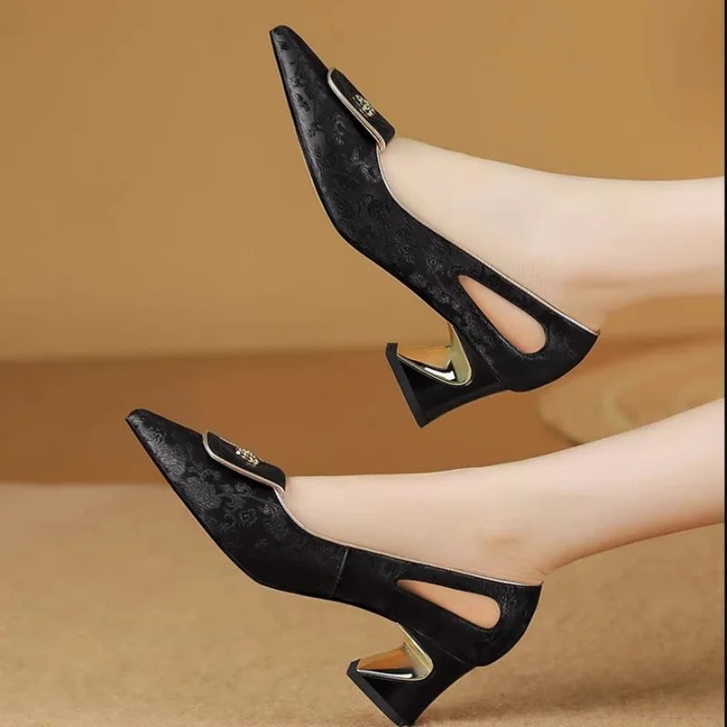 Women's Pumps Pointed Toe Mid Chunky Heels - Elegant Slit Sides & Metal Buckle, Comfortable Concise Dress Shoes for Ladies