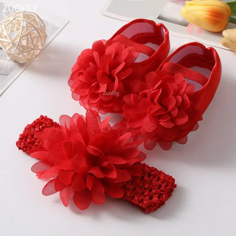 Spring Infant Baby Girl Shoes Newborn Lace Flowers Headband Anti-Slip Soft Sole First Walkers Toddler Kids Cotton Baptism Shoes