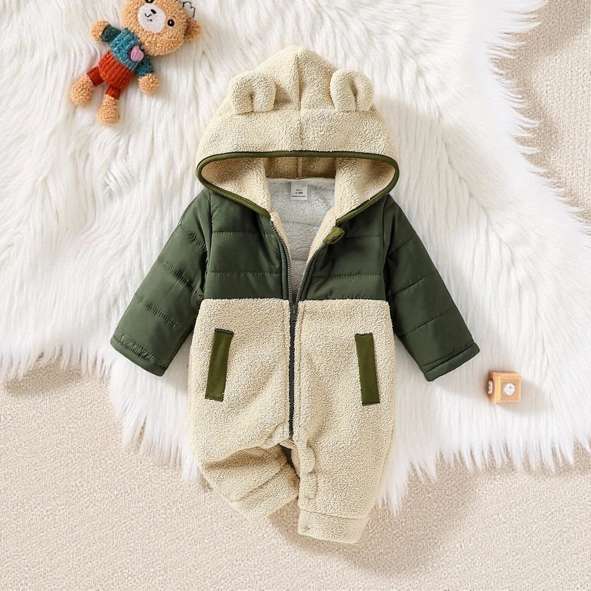 Cute Newborn Baby Romper Winter Thicken Fleece Warm Clothes Infant Hooded Bear Ear Onesie Toddler Boy Girl Jumpsuits For 0-24M