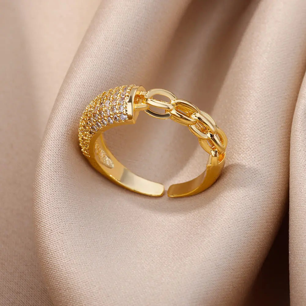 Gold Plated Stainless Steel Crystal Rings For Women Chain Geometry Zircon Finger Ring Jewelry Gift anillos mujer 2025 New Trendy