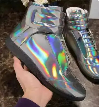 39-47 Luxury Brand Men Shoes Shiny Leather Casual Shoes Men's High Top Silvery Gold Red High Quality Men Flats Casual Shoes