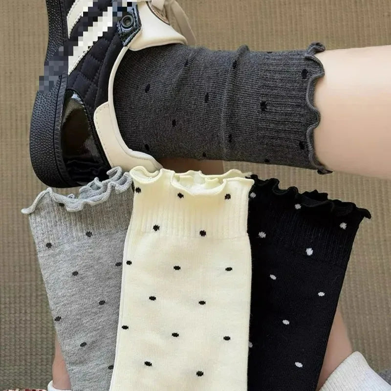 6 Pairs Korean Style Ruffle Edge Socks for Women 6 Pairs Polka Dot Crew Socks High Elastic Breathable Stackable Mid Calf Socks