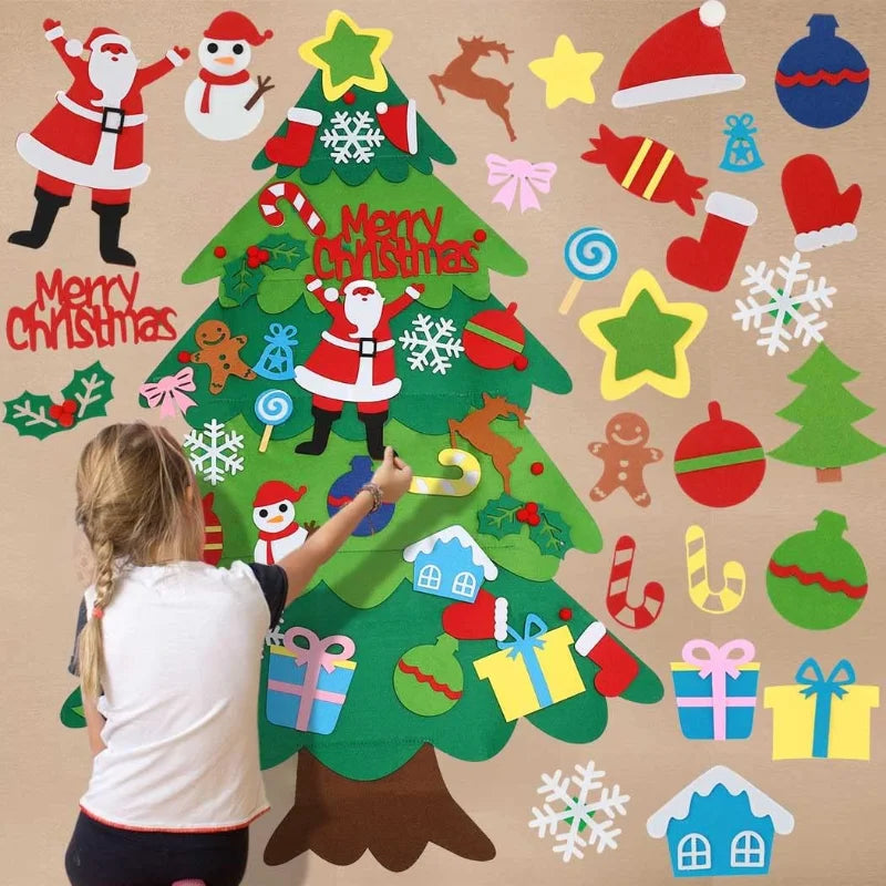 DIY Felt Christmas Tree with Hanging Ornament LED String Lights for Kids Gifts Christmas Decoration 2024 New Year Xams Supplies