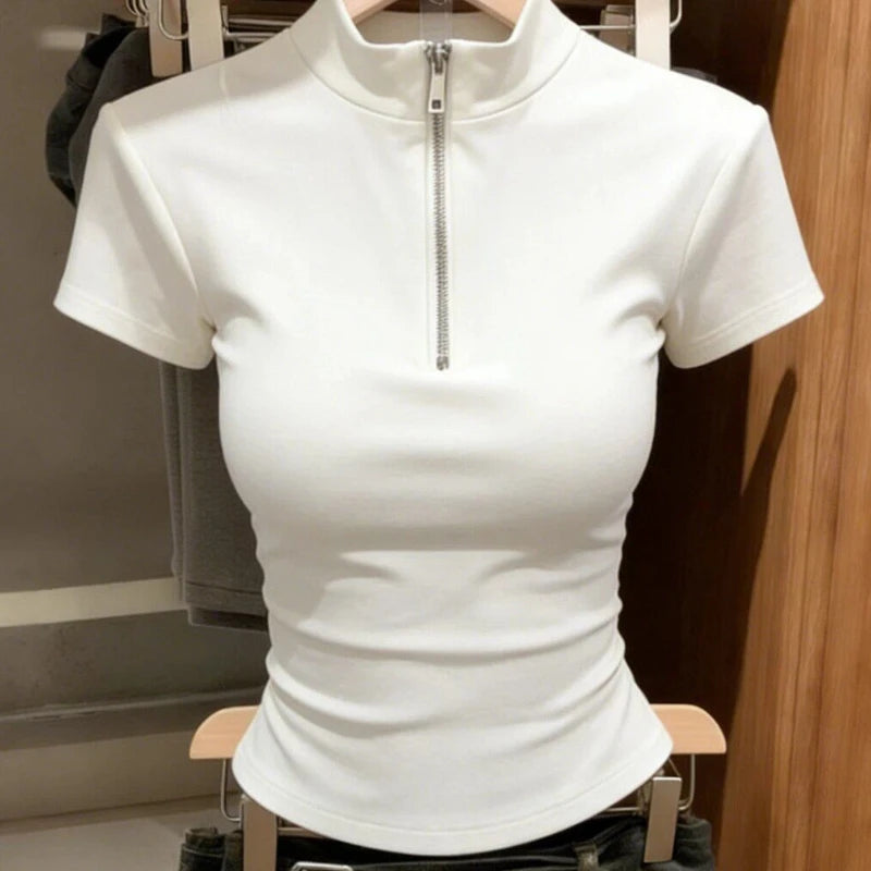 High Street Slim Zipper Patchwork Simplicity Tops Summer New Short Sleeve All-match Korean T Shirts Fashion Trend Women Clothing