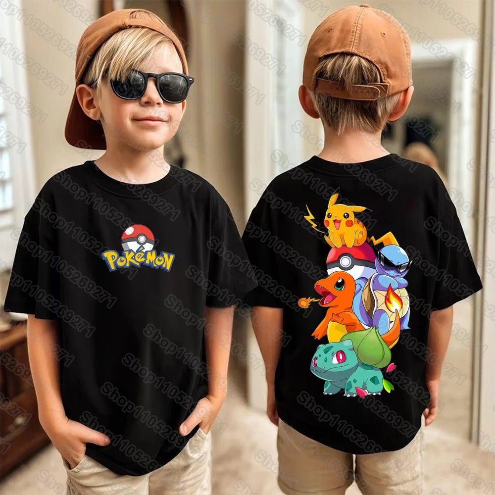Pokemons Pikachu Cartoon Kids Printed T-Shirts Boys Girls Casual Short Sleeves Tops Children's Harajuku Fashion Tee Clothing