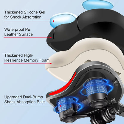 Comfort Bicycle Saddle Extra Wide MTB Road Bike Seat with Memory Foam Silicone Gel Cushion, Shock Absorbing Hollow Breathable PU Leather Bike Saddle with Suspension Balls, Rain Cover and Tools for Mountain City Cycling