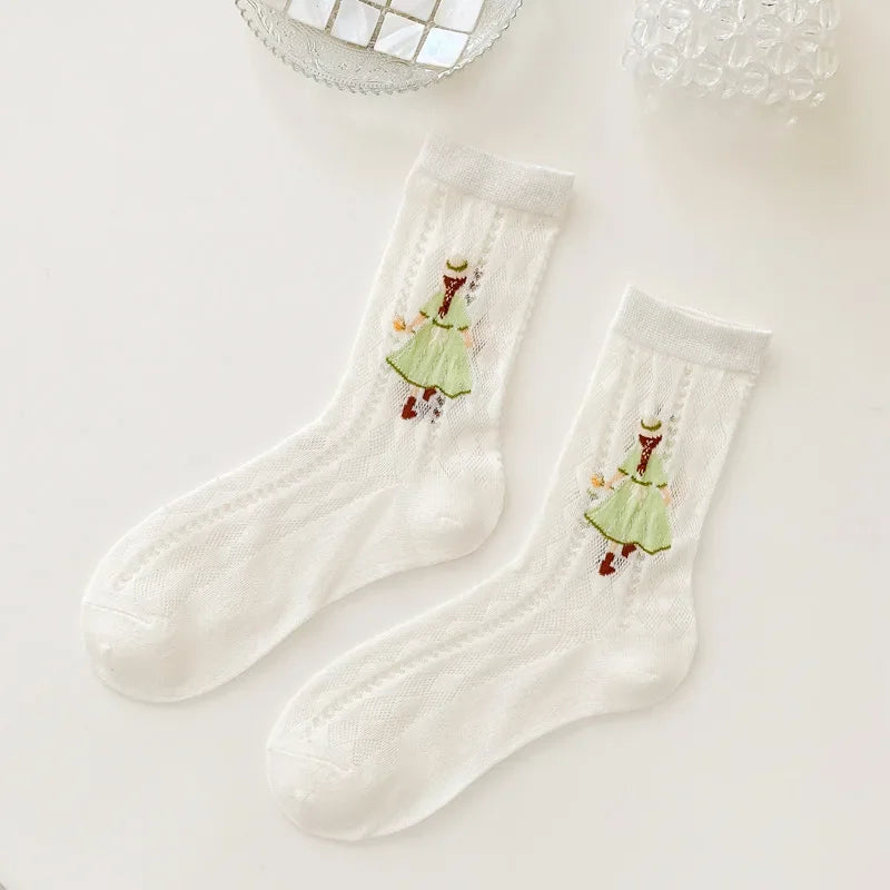 Transparent Crystal Silk Socks Women Fashion Ultra-thin Summer Harajuku Crew Socks Flower Streetwear Elastic Long Mesh Socks