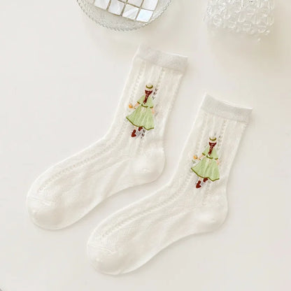 Transparent Crystal Silk Socks Women Fashion Ultra-thin Summer Harajuku Crew Socks Flower Streetwear Elastic Long Mesh Socks