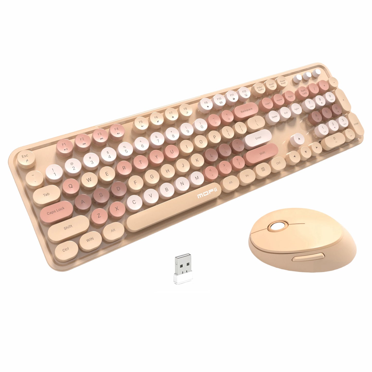 MOFii Sweet Wireless Keyboard Mouse Combo, Milk Tea Gradient Retro Round Keyboard, Silent for Women, US QWERTY