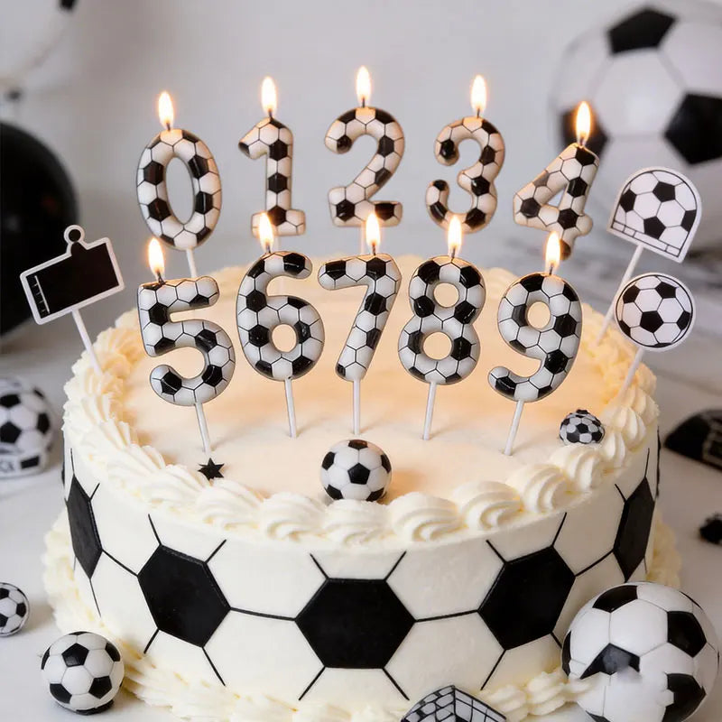 Black White Soccer Number Birthday Candle 0‑9 Football Pattern Digital Cake Topper Soccer Sports Theme Party Cake Decor Supplies