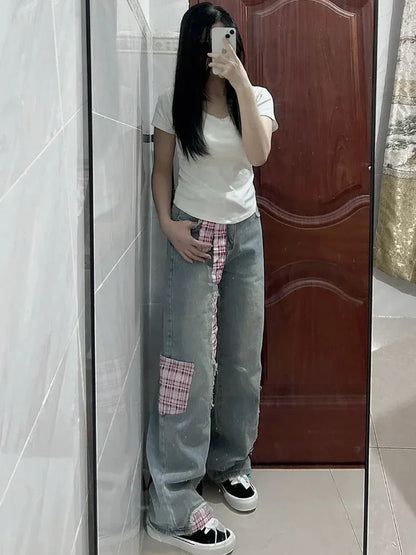 Retro Black Bow Tie Strap Patchwork Jeans Checkered Sweet Women Trouse High Waisted Loose Wide Leg Casual Y2K Denim Pants