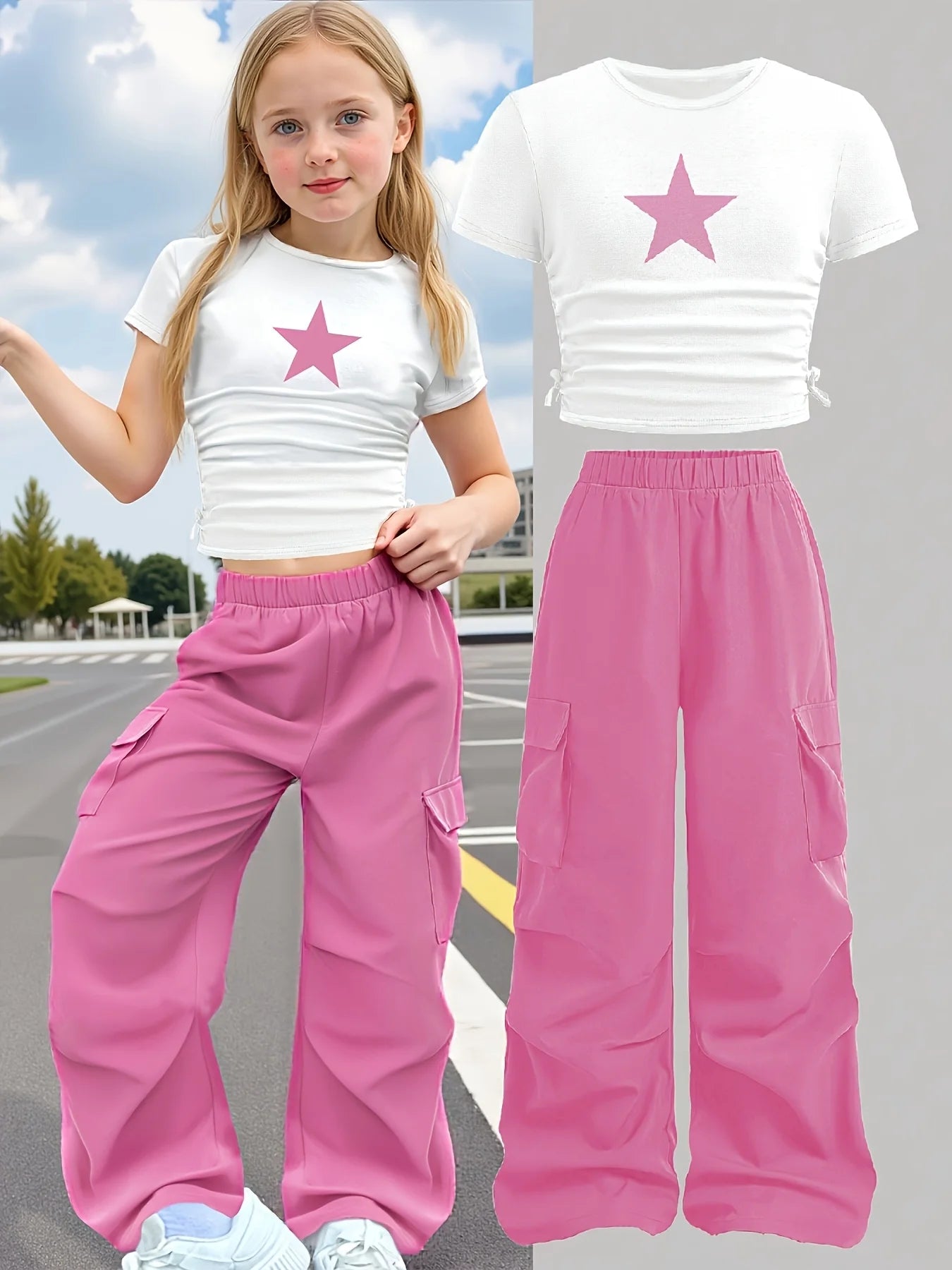 New Summer 2-Piece Set: Star-Print Slim-Fit Crew-Neck Short-Sleeve T-Shirt & Wide-Leg Pants (Stylish Casual Set for Girls)