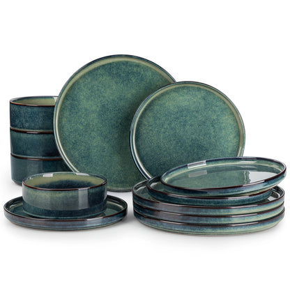 Vancasso 12/24/36 Piece Dinner Set Black Green Reactive Glaze Vertical Edge Dinnerware Set with 4 PCS Dinner Plate/Dessert/Bowl
