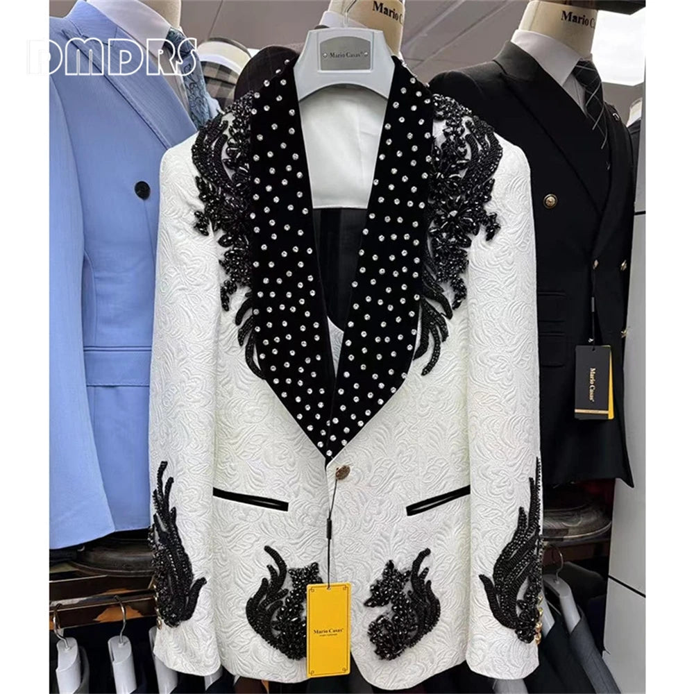Luxury Paisley Men's Beading Suit Set, 3-piece Formal Suit Set Jacket Vest Pants Black White Rhinestones Tuxedo Set