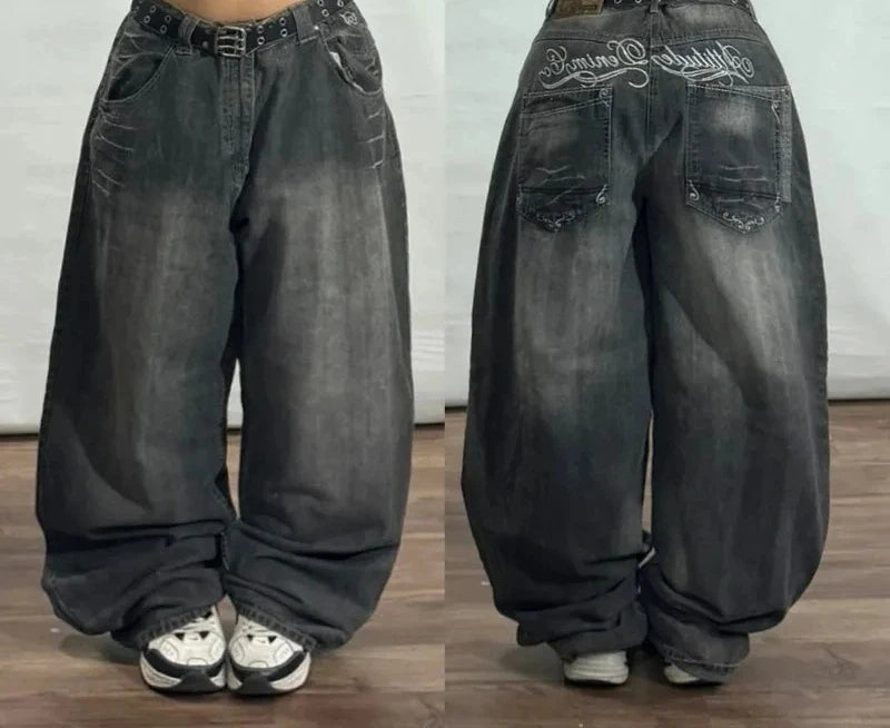 American New Fashion Cherry Blossom Letter Pattern Embroidered Baggy Jeans Women Y2K Gothic Popular Straight Wide-leg Trousers