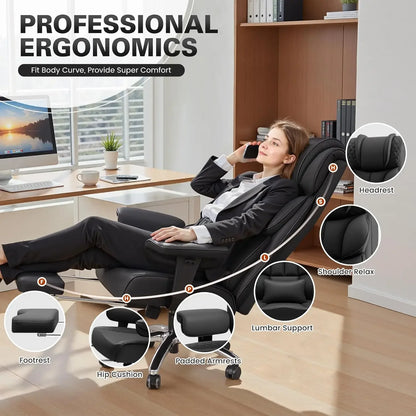 Office Desk Chair, Big and Tall Leather Gaming Chair with Footrest, Ergonomic Comfy Executive High-Back Reclining Computer